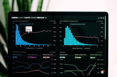 Laptop screen showing a search analytics dashboard with charts