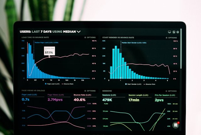 Laptop screen showing a search analytics dashboard with charts