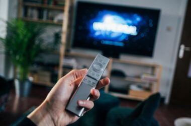 Television screen showing a streaming service interface in a living room